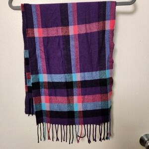 Scotland 100% Cashmere Purple Blue Pink Plaid Scarf Fringe 66x12 Winter‎ Luxury